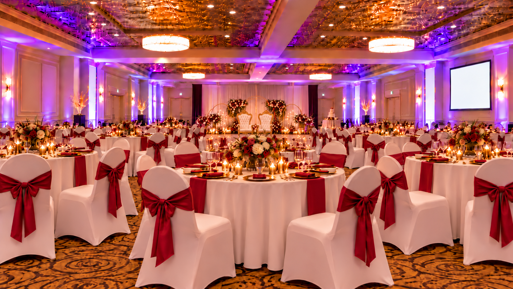 Elegant ballroom setup for all special occasions Royal Regency Hotel & Events in Yonkers, NY, with white chairs, red bows, candlelit tables, and a decorated celebration backdrop.